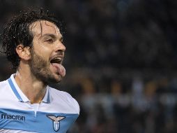 Marco Parolo celebra el primer gol en la victoria 2-1 de Lazio contra el Marsella, actual campeón pero ya eliminado de esta edición. EFE/C. Peri