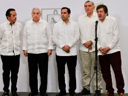 Los gobernadores de Yucatán, Tabasco y Quintana Roo ofrecieron una conferencia de prensa con Rogelio Jiménez Pons, donde hablaron de la construcción del Tren Maya. NTX/J. Lira