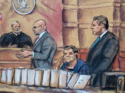 Reproducción fotográfica de un dibujo realizado por la artista Jane Rosenberg donde aparece Joaquín Guzmán durante su comparecencia el pasado 30 de octubre  ante un juez de Brooklyn. EFE / ARCHIVO
