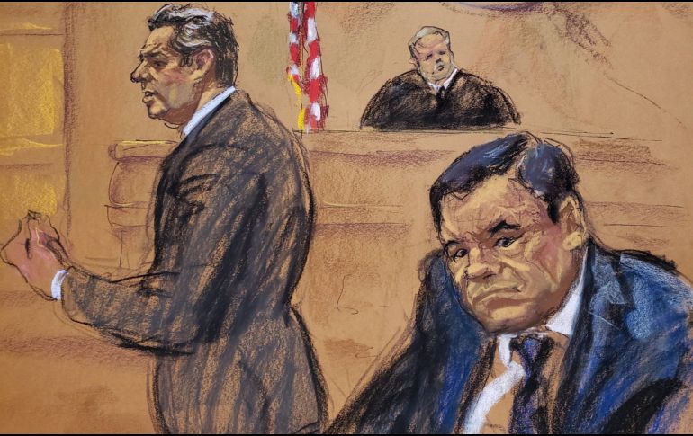 Reproducción fotográfica de un dibujo realizado por la artista Jane Rosenberg donde se aprecian aspectos generales del juicio. EFE/J. Rosenberg