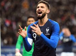 El jugador Olivier Giroud reacciona durante un partido amistoso entre Francia y Uruguay. EFE/H. Ranchin