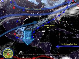 El frente frío 12 se extiende desde el Golfo de México hasta el sur de Veracruz. ESPECIAL/CONAGUA