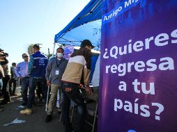 Migrantes centroamericanos hacen fila para comenzar el proceso de regresar a sus países con la ayuda de la Organización Internacional de Migraciones, afuera de un refugio para miembros de la caravana. SUN