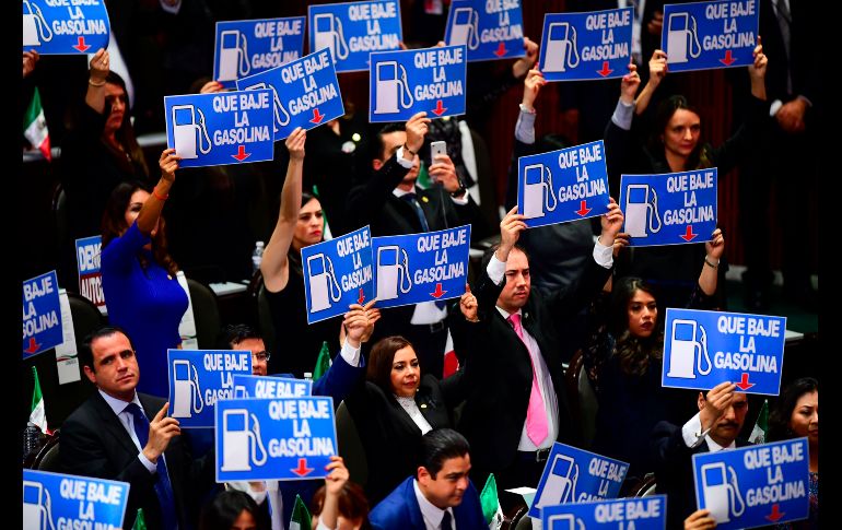 Diputados del PAN, por su parte, sostuvieron carteles con la exigencia de bajar los costos de los combustibles. AFP / R. Schemidt