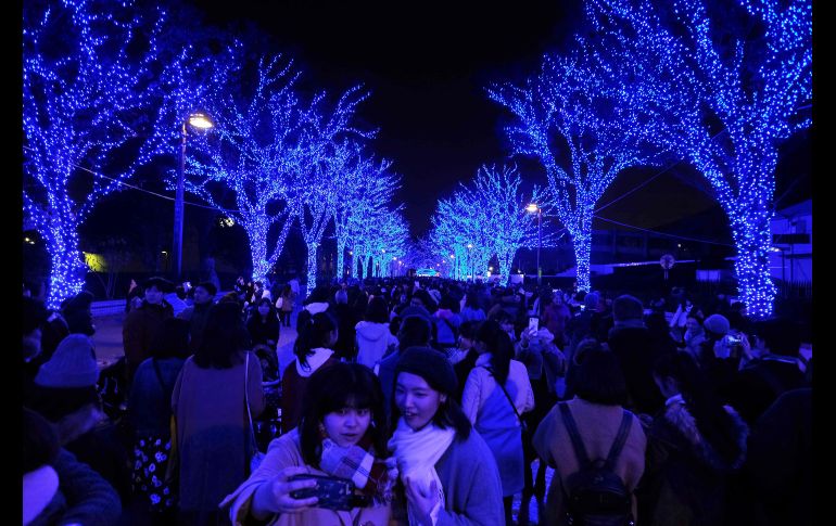 Visitantes caminan bajo luces con el tema 