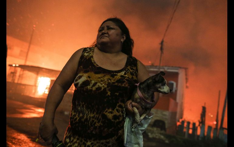 Una habitante sale con su mascota.