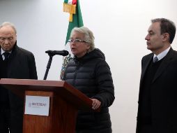 Olga Sánchez Cordero habla en conferencia de prensa acompañada del procurador General de la República, Alejandro Gertz Manero, y el secretario de Seguridad Pública y Protección Ciudadana, Alfonso Durazo Montaño. SUN/L. Cortés