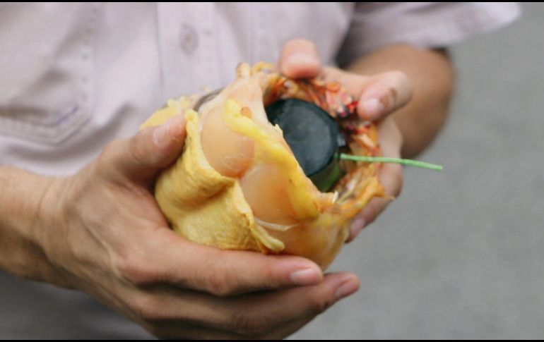 Protección Civil de Guadalajara mostró el peligro que representa manipular pirotecnia. En la secuencia de imágenes se muestra el daño que un barreno (relleno de pólvora u otra materia explosiva) hace a una pieza de pollo. Este ejemplo sirve para demostrar lo que haría al cuerpo de una persona. EL INFORMADOR/E. Jaramillo