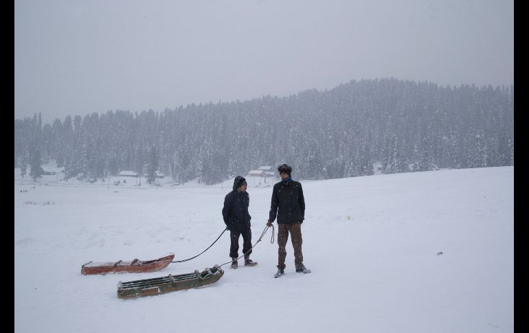 Cachemires esperan a clientes para jalar en trineos en Gulmarg, India. AP/D. Yasin