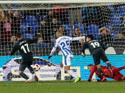 Braithwaite, del Leganés, anota el único tanto del partido al 30'.  EFE/R. Albarrán