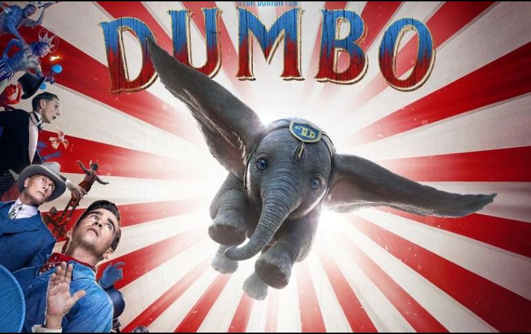 En el póster en el que en la parte inferior se observan detrás del elefantito las carpas de circo, y en el área superior el cielo azul, encabeza la palabra 