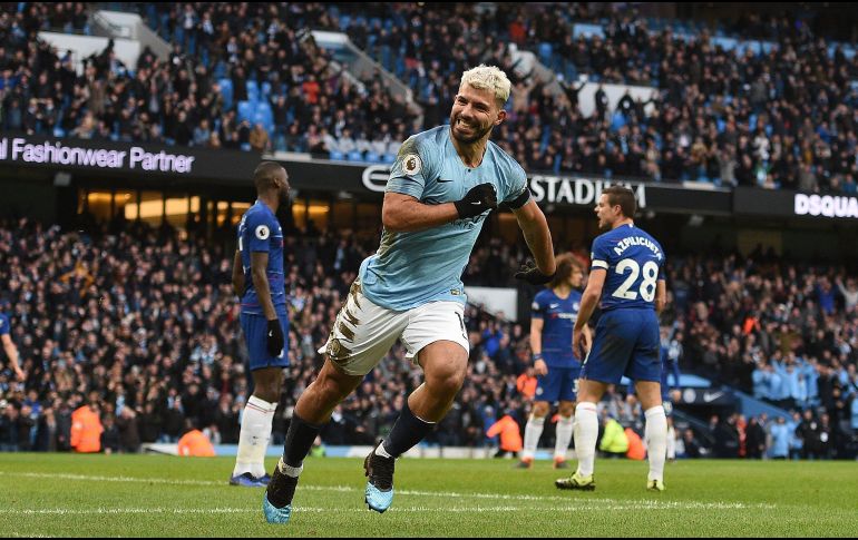 Con su triplete de hoy domingo, Agüero igualó el registro histórico de Alan Shearer. AFP/O. Scarff