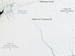 Para los científicos el peligro inmediato es la fisura, que había estado estable durante 35 años, pero, comenzó a acelerar hacia el norte a una velocidad de cuatro km por año. ESPECIAL / NASA