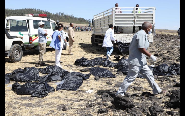 Todas las personas a bordo murieron: los 149 pasajeros y 8 tripulantes. Personal de emergencias se ve junto a cuerpos en bolsas.