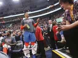Russell Westbrook respondió airadamente a los gritos que un aficionado del Jazz de Utah le profirió el pasado lunes. AP / R. Bowmer