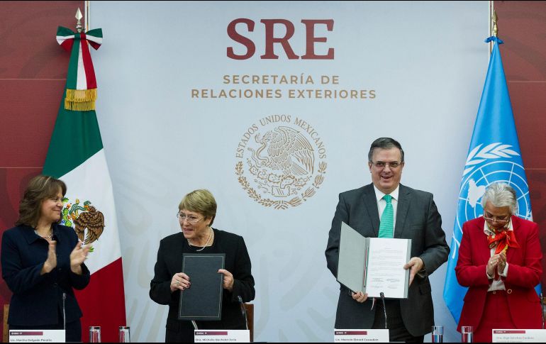 En el evento estuvieron presentes los titulares de la SRE, la Secretaría de Gobernación y la alta comisionada de las Naciones Unidas para los DH, Michelle Bachelet. NTX / J. Pazos