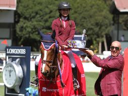La mexicana Martina Franco Stephan ganó este sábado la competencia de salto contra reloj, en la competencia del Global Champions Tour de México. NTX / O. Ramírez