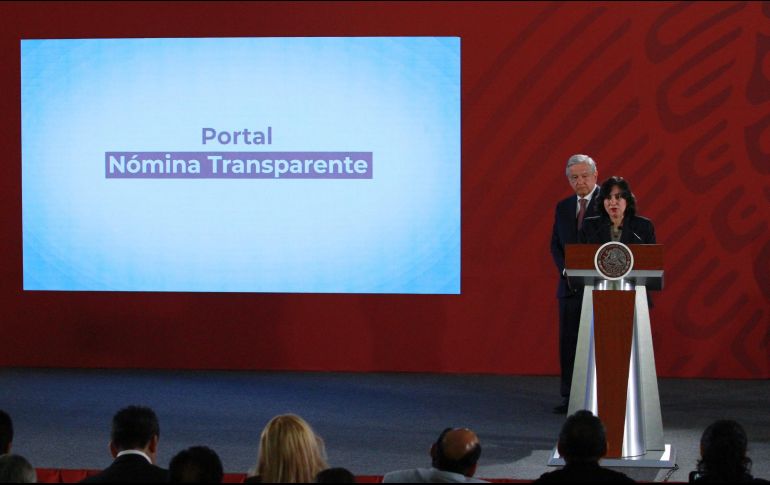 La secretaría de la Función Pública, Irma Eréndira Sandoval, en la conferencia de prensa del Presidente, Andrés Manuel López Obrador, al presentar la plataforma de la nómina del Gobierno de México. NTX/F. Estrada