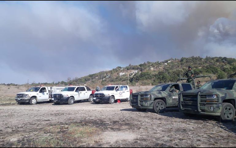 Elementos de Zapopan, estatales y del Ejército apoyan en las labores para combatir el incendio. ESPECIAL