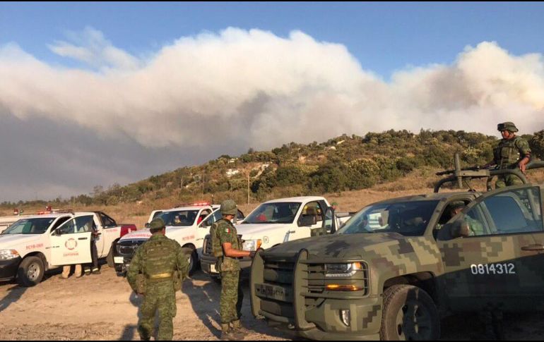 En los trabajos para combatir al fuego participan personal de la Sedena, Protección Civil, Semadet y Bombertos de Guadalajara y Zapopan, entre otros. TWITTER / @sergio_grafm