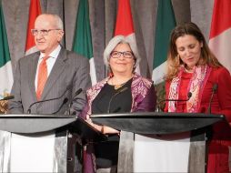 Jesús Seade, Graciela Márquez Colin y Chrystia Freeland discutieron sobre los aranceles y el T-MEC durante el encuentro. TWITTER/@cafreeland