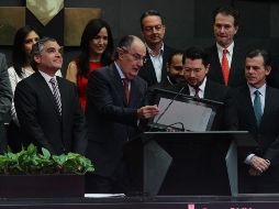 En la sede de la BMV se realizó el campanazo del lanzamiento del Programa de Aumento de Montos Máximos de Crédito. NTX/G. Granados