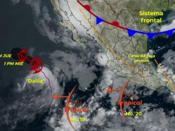 Su desplazamiento es hacia el noroeste a nueve kilómetros por hora (km/h), con vientos máximos sostenidos de 55 km/h y rachas de 75 km/h. YOUTUBE / smnmexico