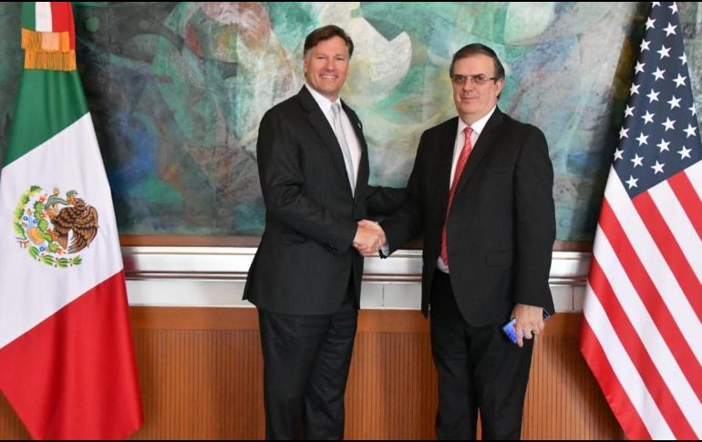 Entre los tópicos que los funcionarios discutieron se encontraron el T-MEC y los avances en el pacto de migración. TWITTER/@SRE_mx