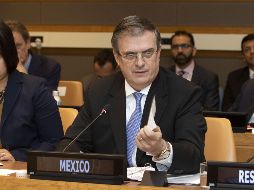 El secretario de Relaciones Exteriores, Marcelo Ebrard, habla durante la reunión ministerial del Grupo de Amigos de las Víctimas del Terrorismo este martes, en la sede de la ONU. EFE/M. Rajmil