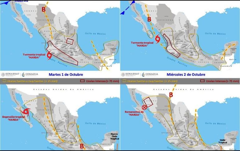 El ciclón se localiza a 210 kilómetros al sur de Acapulco, Guerrero, y a 275 kilómetros al oeste-suroeste de Lagunas de Chacahua, Oaxaca. ESPECIAL/CONAGUA