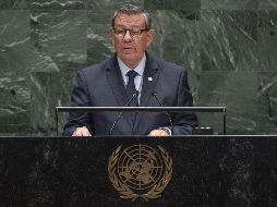 Fotografía cedida por la ONU donde aparece el canciller uruguayo, Rodolfo Nin Novoa, mientras habla ante la Asamblea General este lunes, en la sede del organismo en Nueva York. EFE/CORTESÍA
