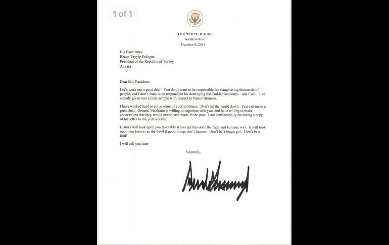 La carta fue difundida ampliamente en redes sociales. El mandatario estadounidense propuso al turco trabajar para conseguir un 