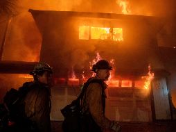 Bomberos laboran para evitar que el fuego se propague en un vecindario de San Bernardino. AP/C. Monterrosa
