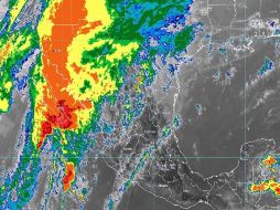 Imagen satelital de esta tarde. Se esperan lluvias muy fuertes en Baja California Sur y en el Mar de Cortés, en donde son probables trombas marinas y oleaje elevado de 1 a 3 metros de altura. ESPECIAL/SMN
