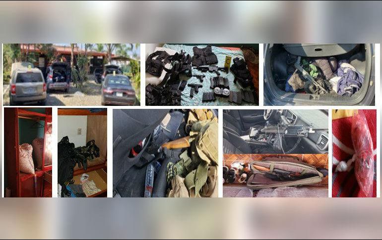Al interior de la primer recámara los agentes del orden aseguraron un arma larga tipo AR-15, dos armas cortas calibres 9mm, 5.7, .22 y cargadores útiles abastecidos y equipo táctico. ESPECIAL/ @FiscaliaJal