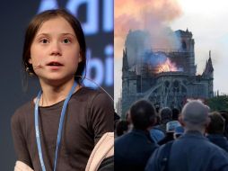 Greta Thunberg (izq,) es una activista sueca de 16 años; Notre Dame se incendió el 15 de abril.  ESPECIAL