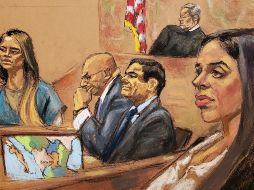 Dibujo de archivo donde aparece la ex diputada Lucero Guadalupe Sánchez (i), mientras rinde testimonio junto al narcotraficante Joaquín 