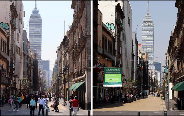Aislamiento se nota. Combo de fotografías que muestra afluencia de personas, una el 22 de marzo del 2020 (i), y una este domingo (d), en la Calle de Madero, en Ciudad de México. EFE/J. Pazos