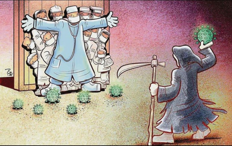 Ilustración. Una imagen donde se ve a un doctor proteger a sus pacientes del COVID-19. @alirezapakdel_artist