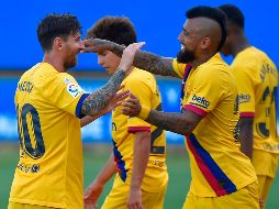 Jugadores del Barcelona celebran su triunfo de este domingo. AFP / A. Gillenea