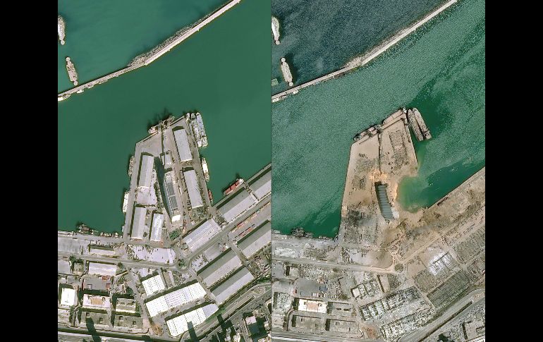 Imágenes satelitales del antes (izq.) y después de la explosión (der.). El cráter dejó un hueco que ahora se ve invadido por agua. AFP/Cnes 2020