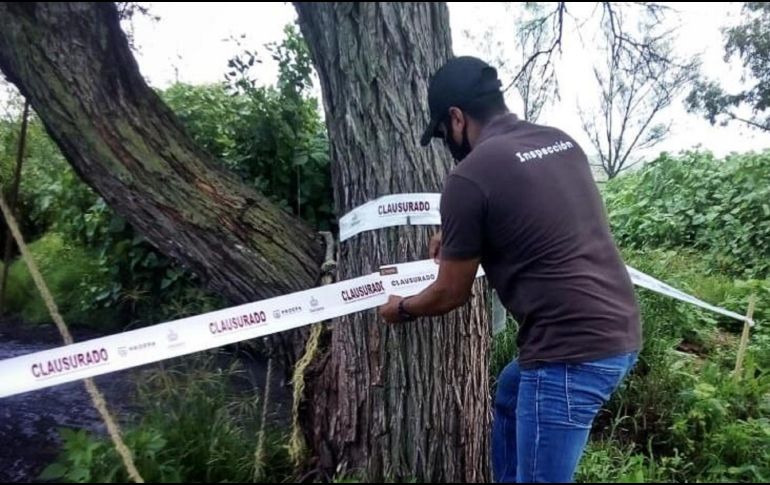 Para evitar un posible daño ecológico en el lugar, se procede a la imposición de cinta delimitadora y sellos de clausura en el sitio. ESPECIAL/Proepa Jalisco