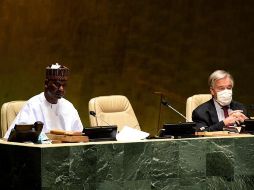 El secretario general de la ONU, António Guterres (d), y el presidente del septuagésimo cuarto período de sesiones de la Asamblea General, el nigeriano Tijjani Muhammad-Bande (i), hablan este jueves. EFE/E. Schneider-ONU