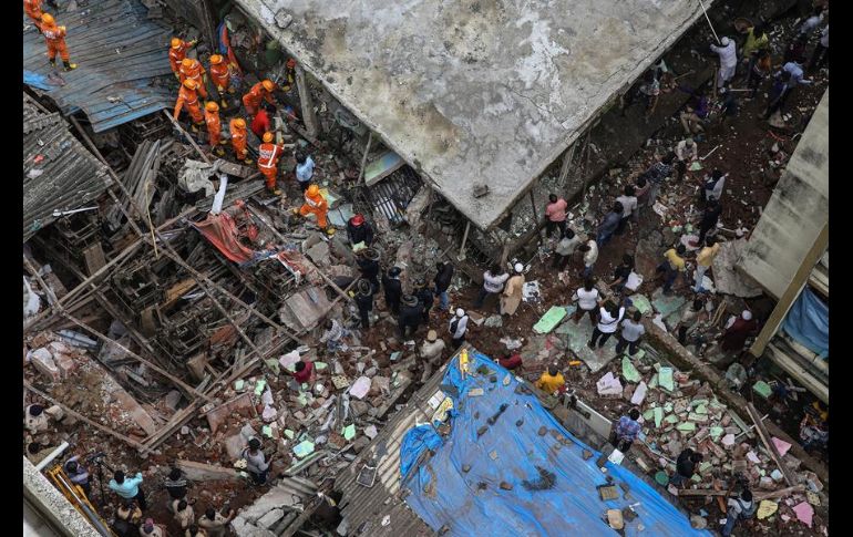 Equipos de socorristas, ayudados por perros rastreadores, trabajan en la zona. EFE/Y. Solanki