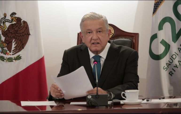 López Obrador durante su intervención este domingo en la cumbre virtual de líderes del G20, desde el Palacio Nacional en Ciudad de México. EFE/ Presidencia de México