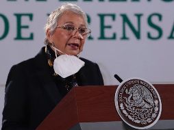 Olga Sánchez Cordero dirige la mañanera este jueves en sustitución del Presidente López Obrador. SUN /B. Fregoso