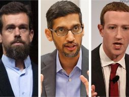 Jack Dorsey, CEO de Twitter; Sundar Pichai, CEO de Google, y Mark Zuckerberg, CEO de Facebook, de nuevo en el ojo del huracán. AP