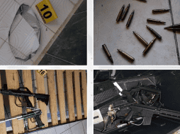 Se hallaron placas de circulación, una tabla, un bate de madera con la leyenda del Cartel Nueva Generación, 13 cartuchos útiles de alto calibre y tres pistolas de aire comprimido. ESPECIAL / Fiscalía de Jalisco