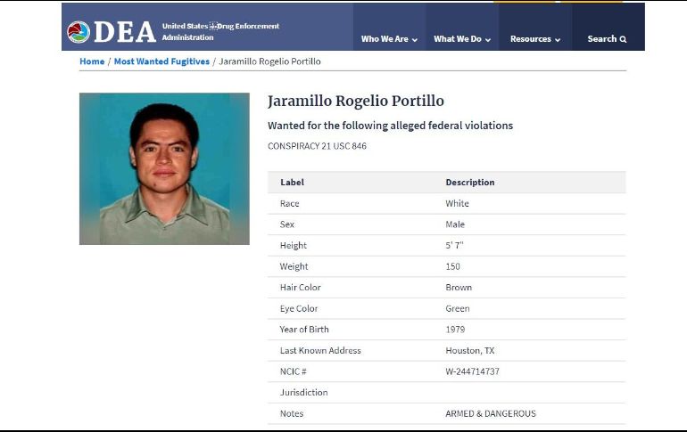 La ficha refiere que Jaramillo tiene 41 años de edad. ESPECIAL/www.dea.gov