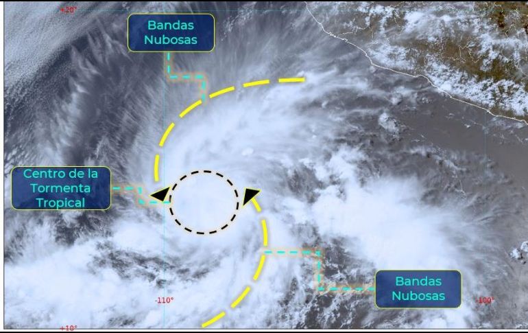La tormenta tropical refuerza el aporte de humedad hacia los estados de Jalisco, Colima, Michoacán y Guerrero. ESPECIAL/Conagua/SMN